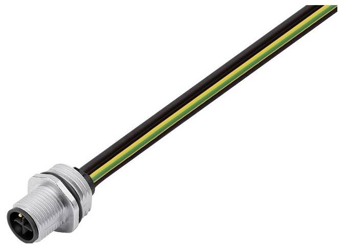 Un connecteur électrique métallique doté d'un câble présentant des bandes noires, jaunes et vertes est représenté sur un fond uni.