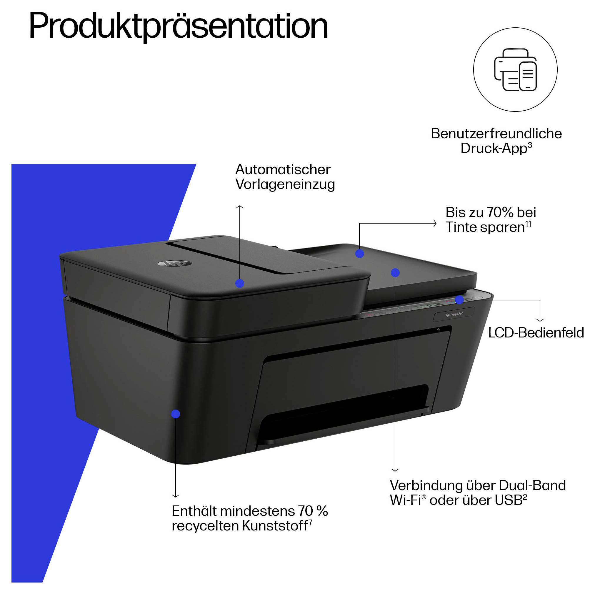 Imprimante tout-en-un noire avec légendes pour chargeur automatique de documents, panneau de commande LCD, Wi-Fi double bande ou USB, et jusqu'à 70 % d'économies d'encre ; fabriquée avec au moins 70 % de plastique recyclé.