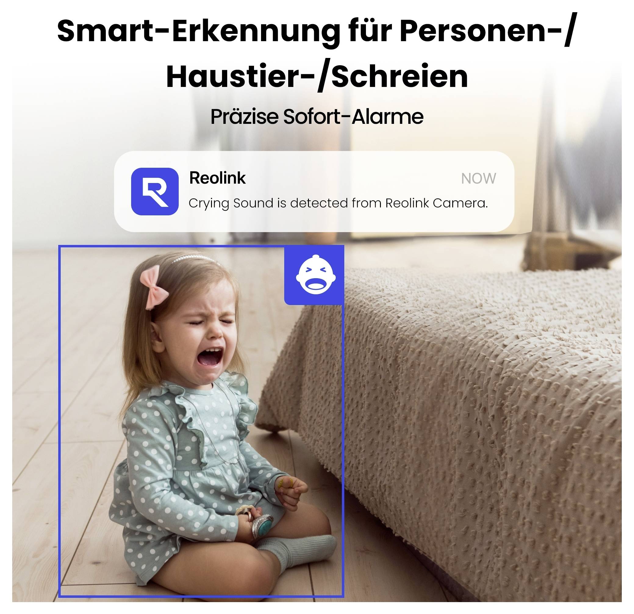 Publicité pour caméra Reolink avec détection intelligente pour personnes, animaux domestiques et cris ; la notification signale « Le son de pleur est détecté depuis la caméra Reolink ».