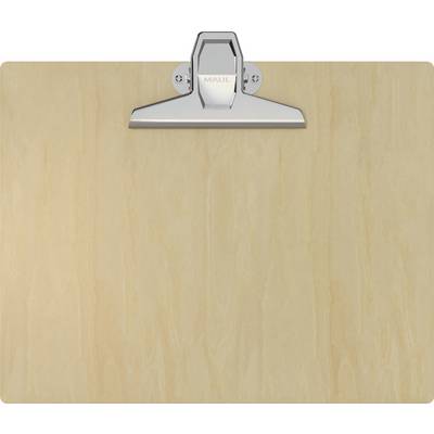 Un presse-papiers en bois avec un clip métallique en haut, conçu pour maintenir les documents fermement en place.