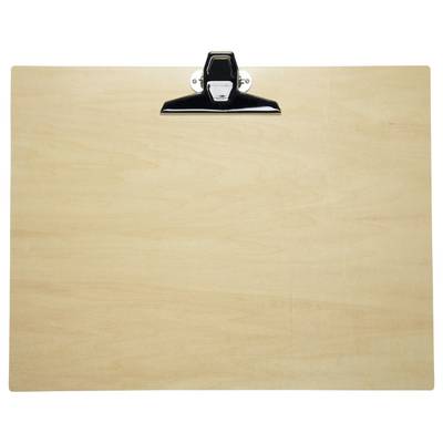 Un porte-bloc en bois avec un clip métallique centré en haut, sur un fond uni.