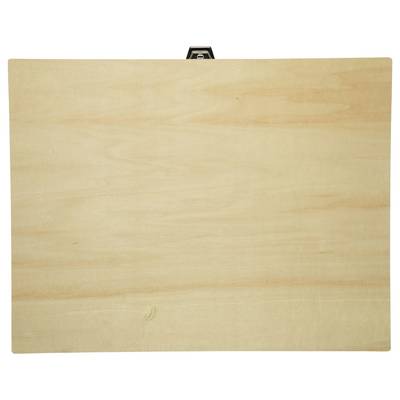 Un presse-papiers en bois rectangulaire avec un clip métallique en haut, présenté sur un fond blanc.