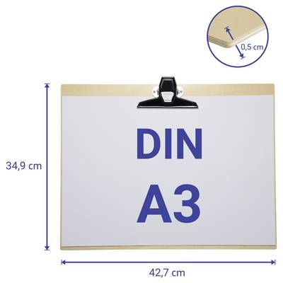 Porte-bloc affichant une feuille étiquetée « DIN A3 », mesurant 42,7 cm de long sur 34,9 cm de large, avec une épaisseur de 0,5 cm.