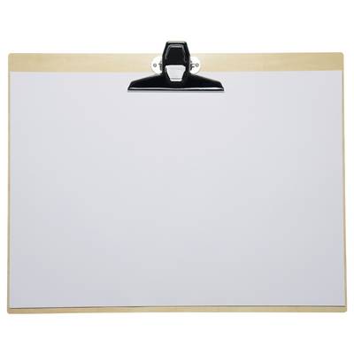 Un presse-papiers vide avec un cadre en bois et une pince noire sur le dessus, adapté pour maintenir des documents en position verticale.