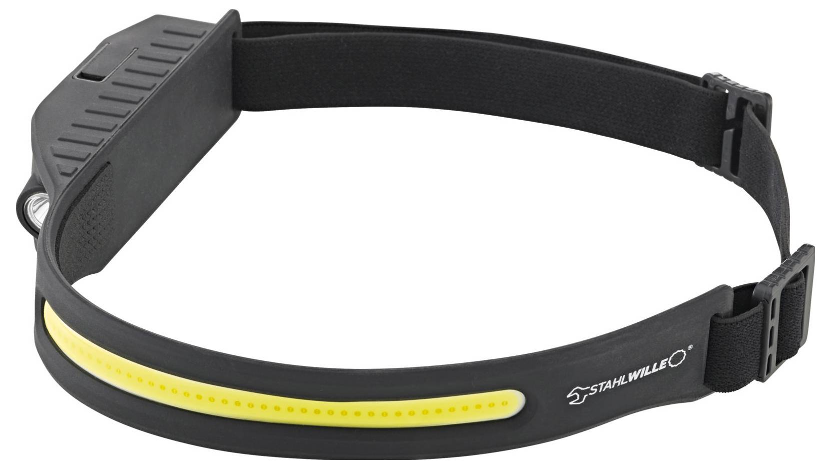 Un projecteur noir avec une bande de LED jaune à l'avant, doté d'une sangle réglable et portant la marque « STAHLWILLE ».