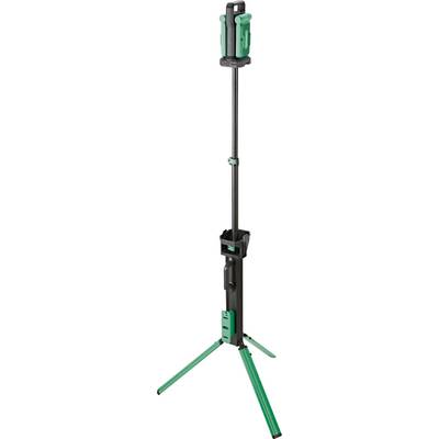 Un projecteur de travail ajustable vert et noir monté sur trépied, conçu pour les chantiers de construction ou une utilisation extérieure, offrant un éclairage portable.
