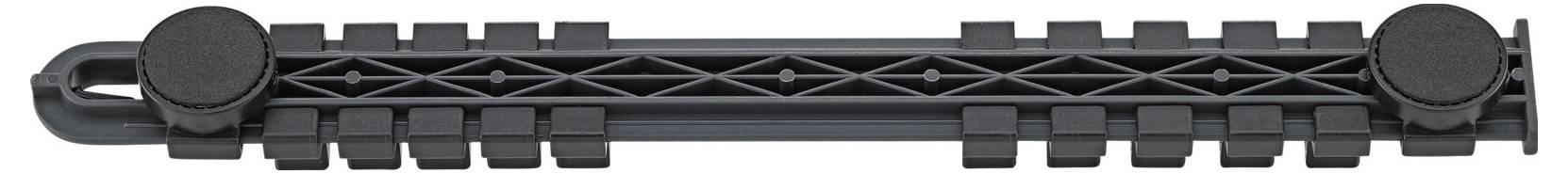 « Un panneau de slatwall en plastique noir avec des rainures et deux embouts circulaires pour la fixation ou l'organisation d'objets horizontalement. »