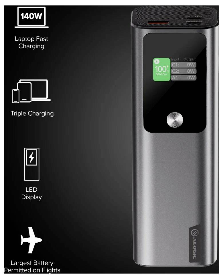 Chargeur portable avec 'Charge rapide pour ordinateur portable 140W', 'Triple charge', écran LED, autorisé en avion, plus grande batterie permise.