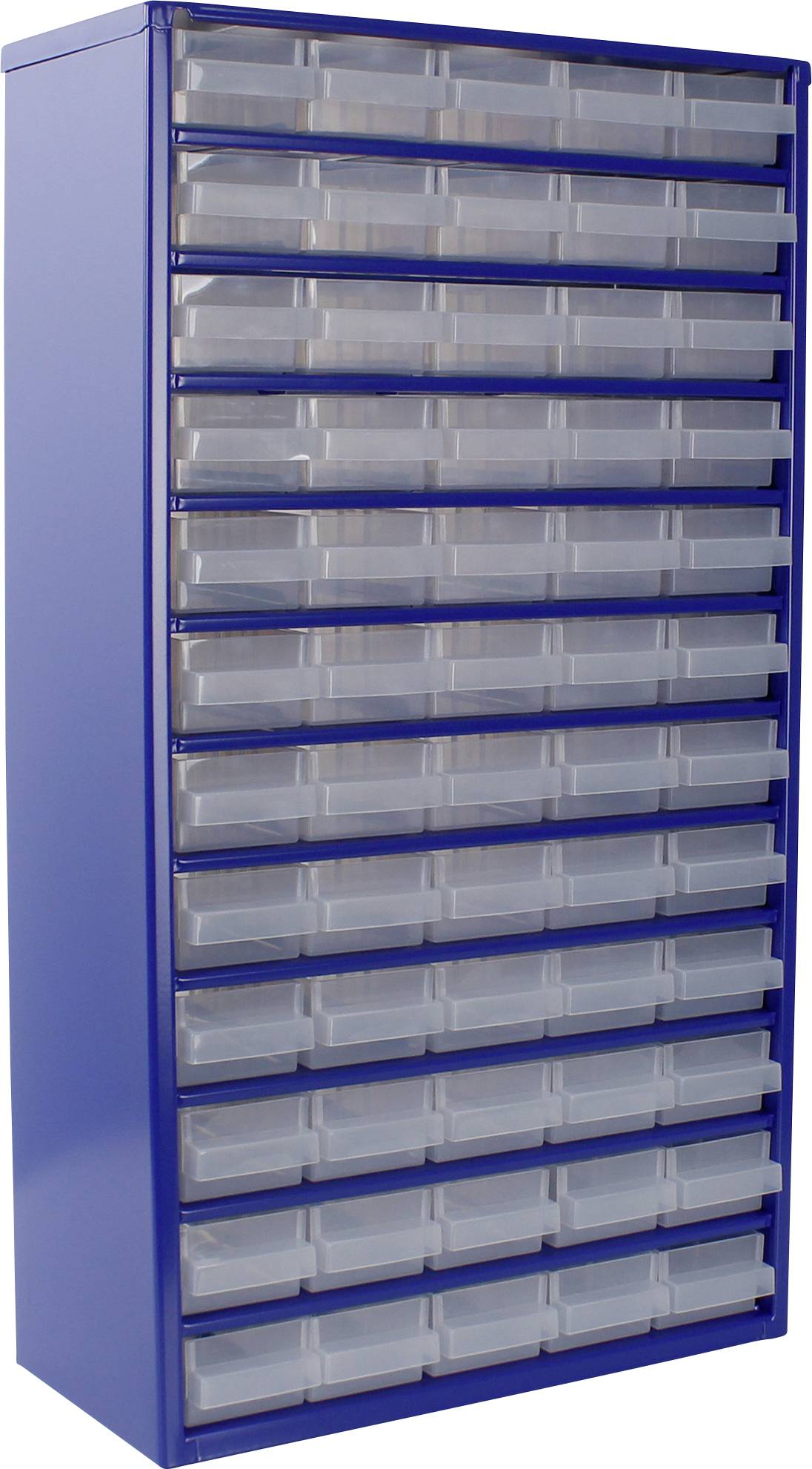 Une armoire de rangement bleue avec plusieurs tiroirs transparents, utilisée pour organiser des petits objets ou des outils.