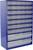 Une armoire de rangement bleue avec des tiroirs en plastique transparent disposés en plusieurs rangées, conçue pour organiser de petits objets ou des outils.