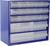 Une armoire de rangement bleue avec plusieurs tiroirs transparents.