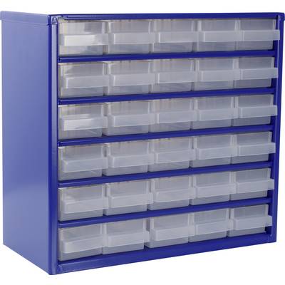 Un organisateur modulaire bleu composé de plusieurs rangées de tiroirs transparents coulissants, utilisé pour trier et ranger de petits objets comme des vis ou des perles.