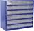 Un organisateur modulaire bleu composé de plusieurs rangées de tiroirs transparents coulissants, utilisé pour trier et ranger de petits objets comme des vis ou des perles.