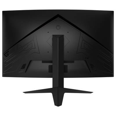 L'image montre la vue arrière d'un moniteur d'ordinateur noir avec un support élégant et anguleux, et un motif de design triangulaire sur le panneau arrière.