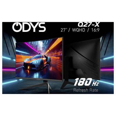 Un écran de jeu affichant un jeu de course automobile, présentant des couleurs néon vibrantes. L'écran comporte les textes « ODYS Q27-X », « 27" / WQHD / 16:9 » et « Taux de rafraîchissement de 180 Hz » au-dessus et en-dessous.