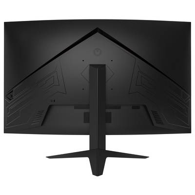 Vue arrière d'un écran d'ordinateur noir et large présentant un design géométrique. Le support est fixé centralement et se divise en deux pieds angulaires.
