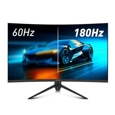 Une image divisée d'une voiture montre une comparaison de performances : côté gauche flou avec '60 Hz', côté droit net avec '180 Hz', démontrant la fluidité du mouvement.