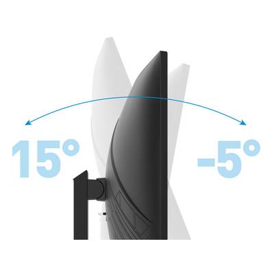 L'image montre un moniteur inclinable avec une plage de 15 degrés vers l'arrière et -5 degrés vers l'avant, illustrant sa fonction d'ajustement.