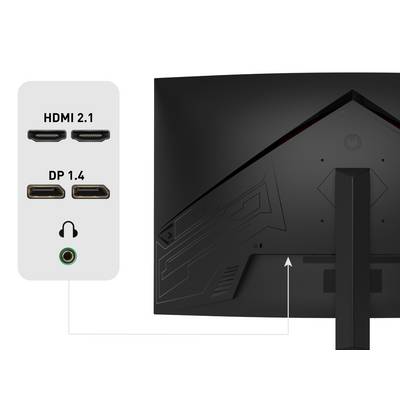 L'image montre l'arrière d'un moniteur doté de deux ports HDMI 2.1, deux ports DP 1.4 et une prise casque.