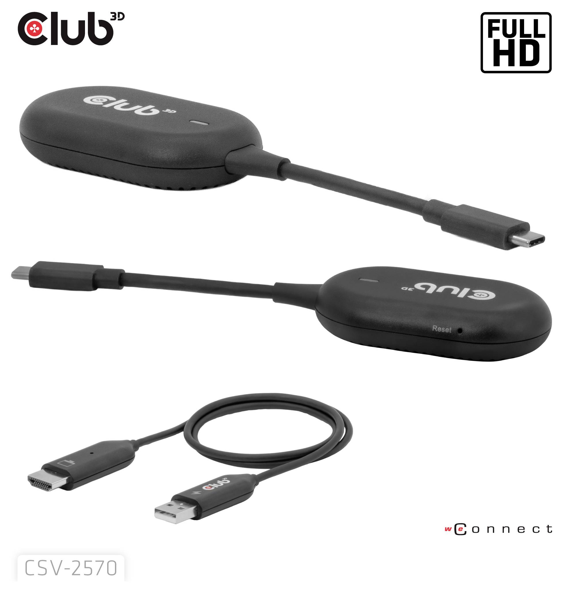 Adaptateur USB-C vers HDMI 'Club 3D CSV-2570' présenté sous deux angles différents et avec un câble de connexion. Prend en charge la résolution 'Full HD' avec la marque 'Connect'.
