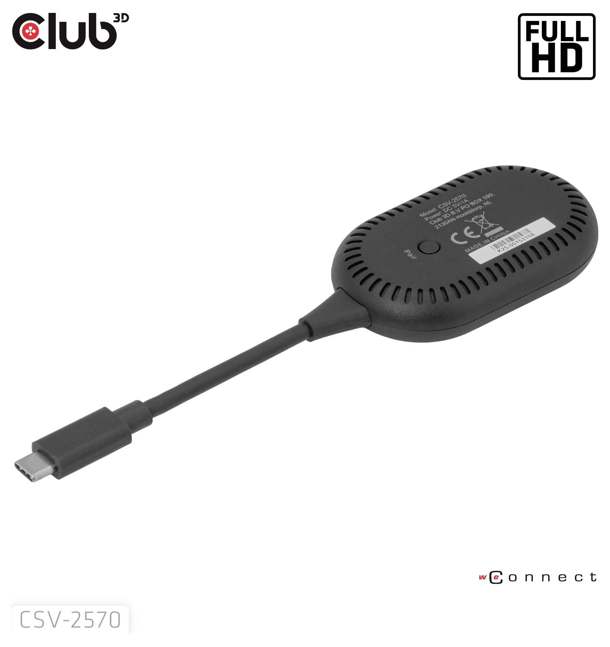Adaptateur USB-C vers HDMI 'Club 3D CSV-2570' avec prise en charge 'Full HD', design noir, présentant le câble, le connecteur et la marque.