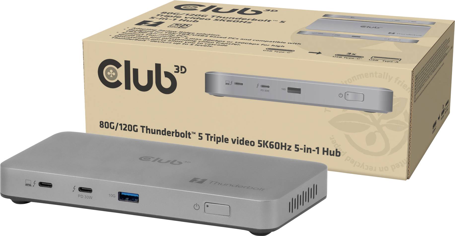 Un hub Thunderbolt gris de 'Club 3D' avec plusieurs ports, présenté à côté de son emballage. Le texte indique « Hub 5-en-1 Triple vidéo 5K60Hz ».