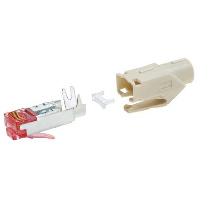 Un connecteur Ethernet démonté en trois parties : la fiche métallique aux embouts rouges, un petit élément en plastique et un boîtier en plastique beige.