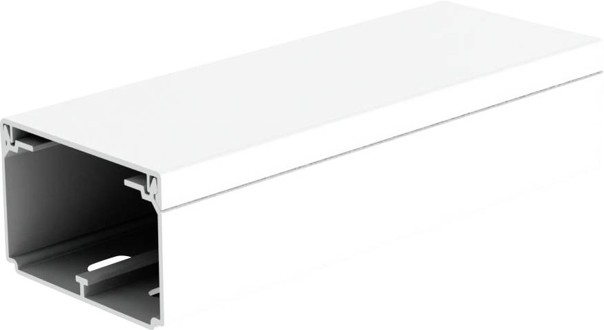 Un profilé rectangulaire, blanc, en aluminium avec un intérieur creux ouvert, utilisé pour des applications structurelles ou architecturales.