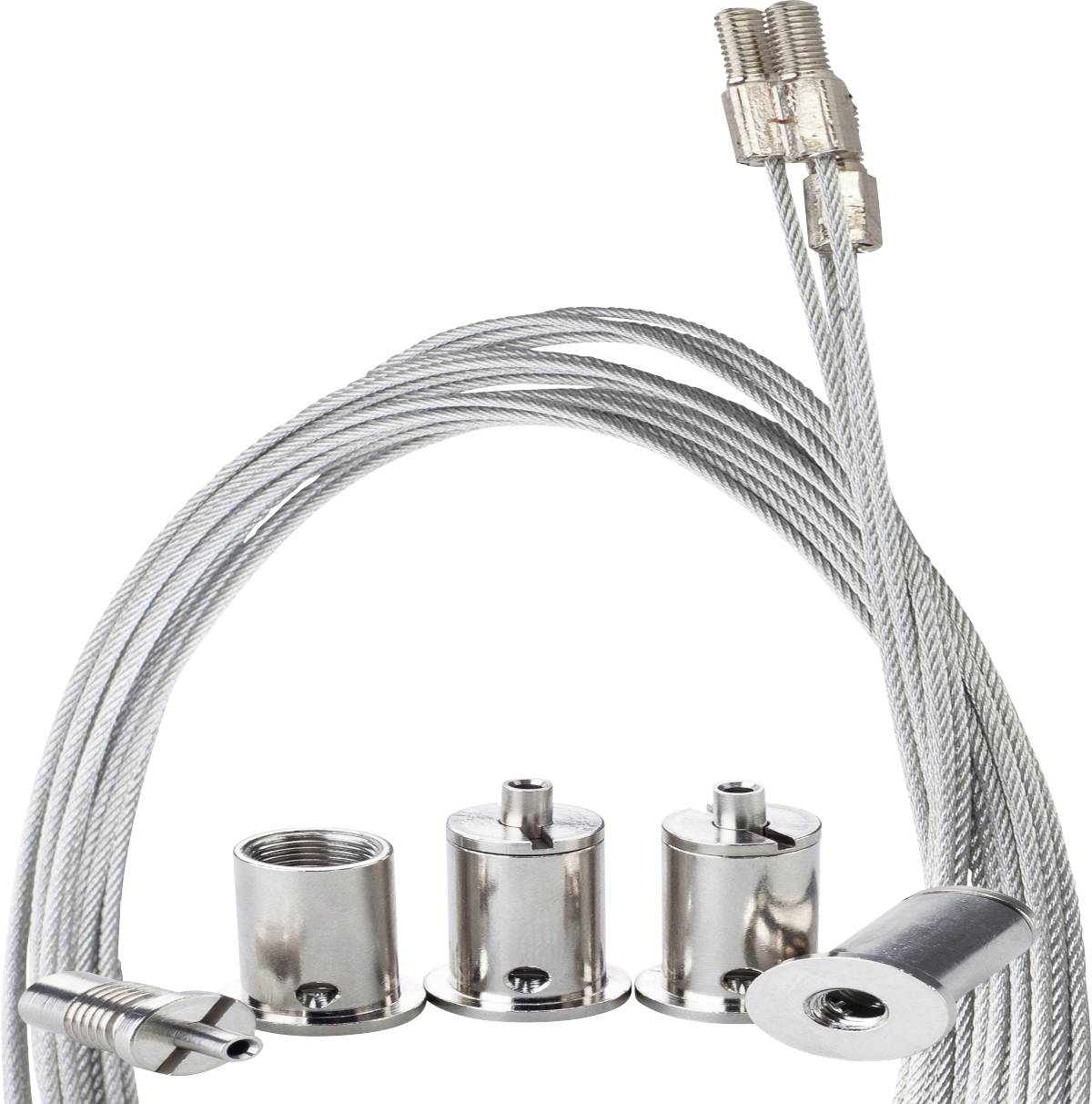 Système de câbles métalliques avec divers accessoires, connecteurs et attaches en acier inoxydable pour des applications de suspension.