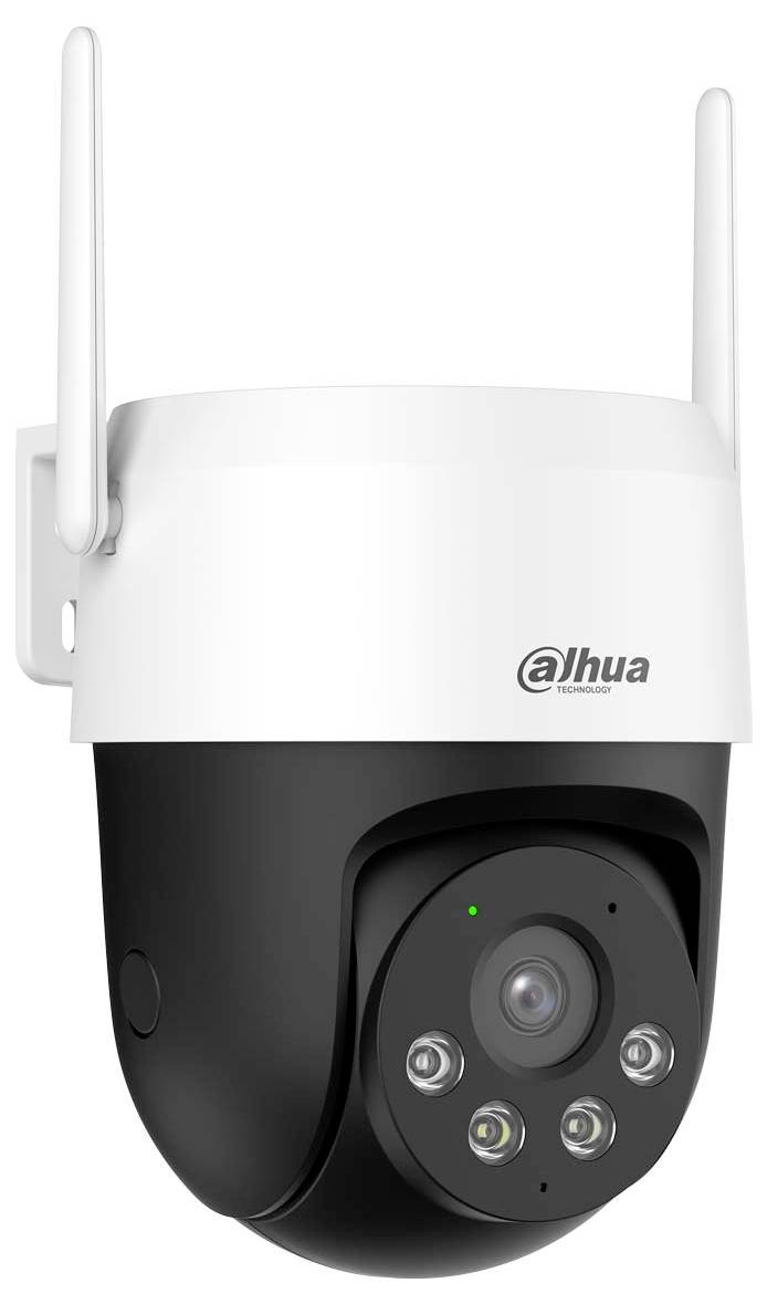 Une caméra de sécurité en noir et blanc avec des antennes, dotée de plusieurs objectifs et LED. Le boîtier de la caméra est marqué de la marque « Dahua ».