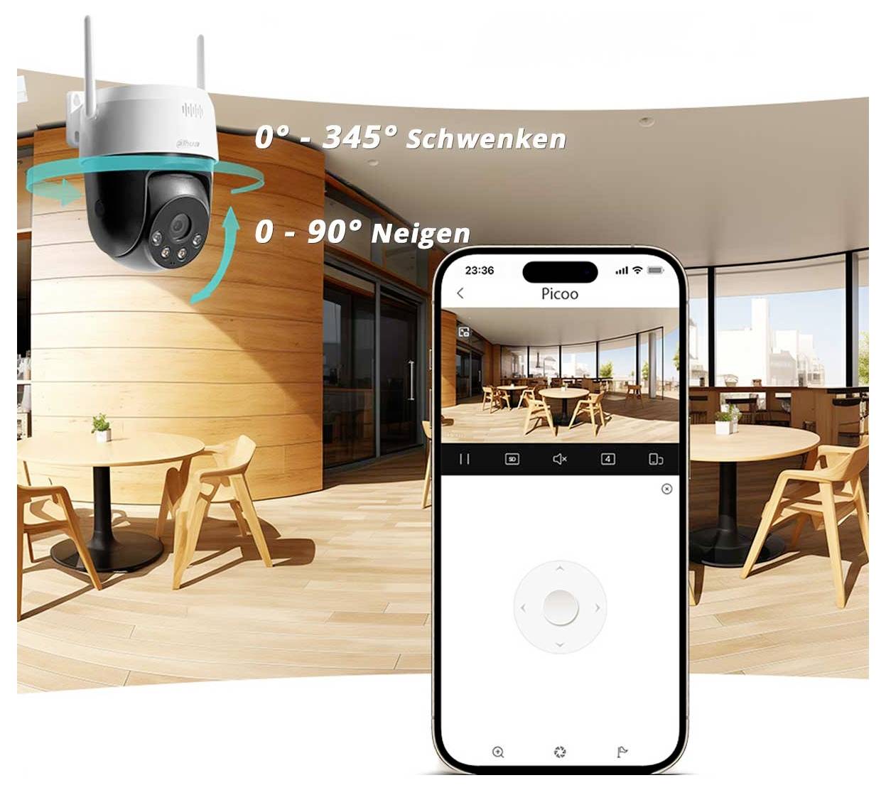 Une caméra de sécurité extérieure est présentée à côté d'un écran de smartphone affichant l'application de contrôle de la caméra. Mouvements de la caméra : panoramique de 0°-345°, inclinaison de 0°-90°.
