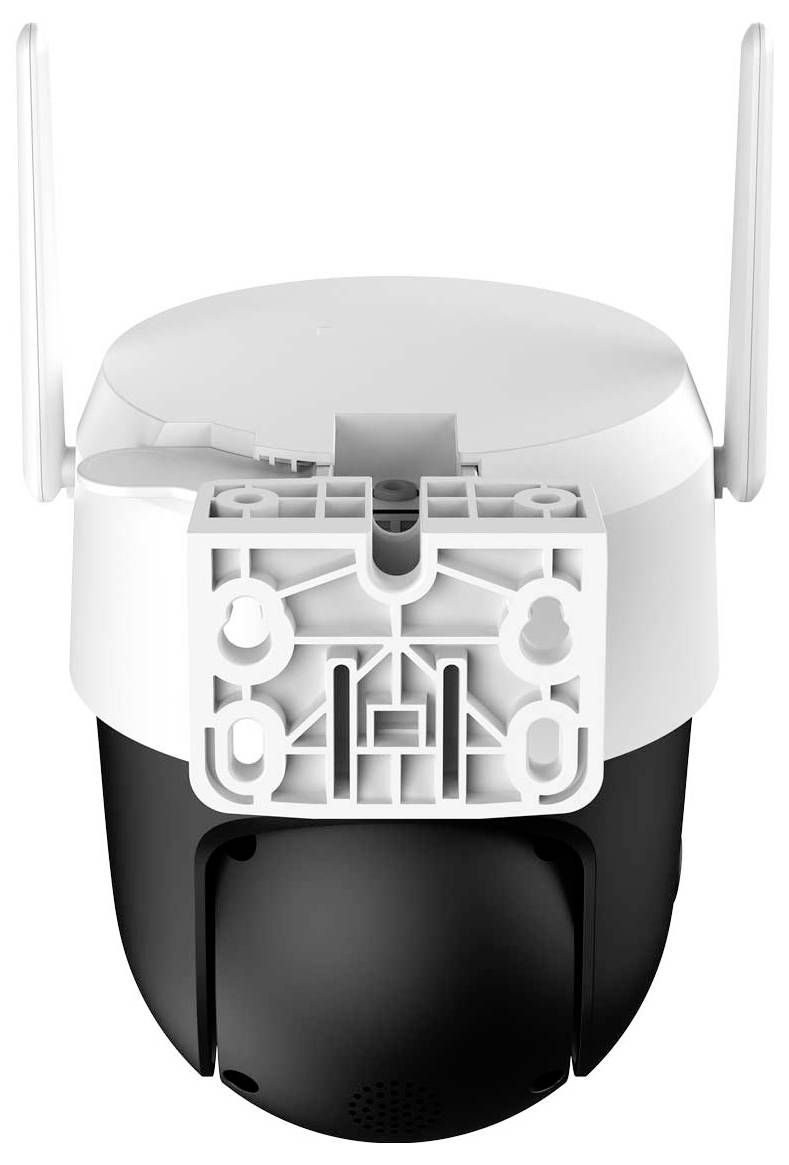 Une caméra de sécurité extérieure en noir et blanc avec support de montage, conçue pour des connexions sans fil, équipée de deux antennes pour la réception du signal.