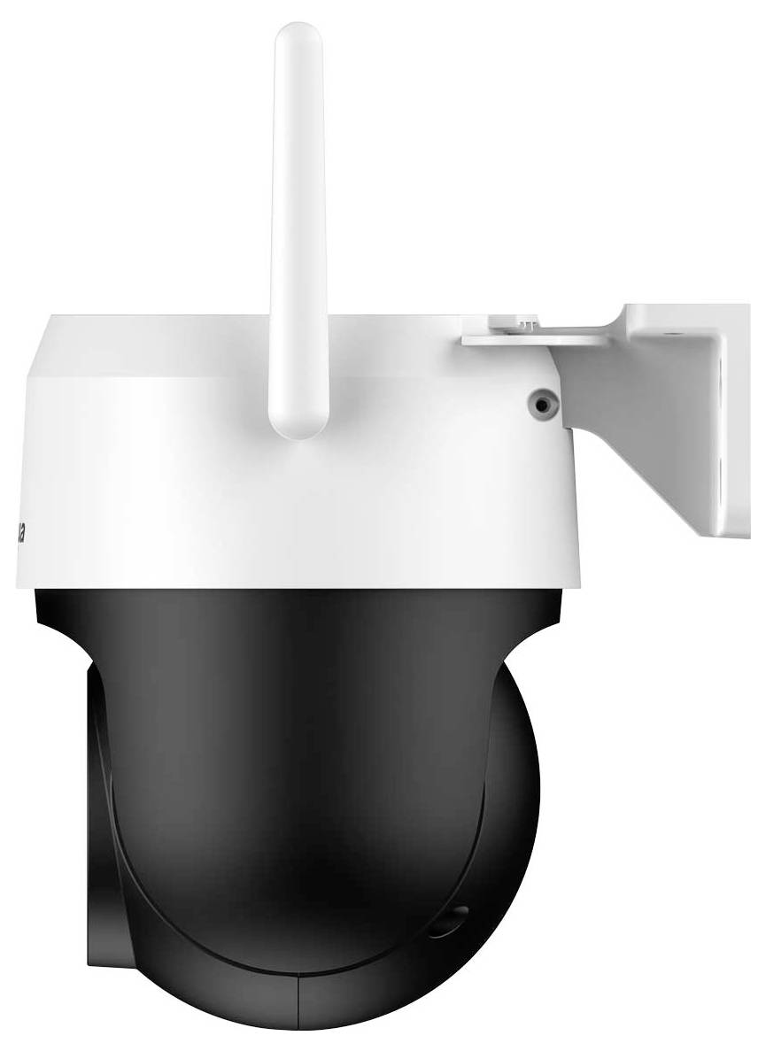 Caméra de surveillance avec dôme noir et boîtier blanc, équipée d'un support réglable et d'une antenne, adaptée à la surveillance extérieure.