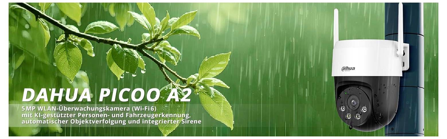 Caméra de surveillance extérieure sur un poteau au milieu de la verdure avec des gouttes de pluie. Texte : 'Dahua Picoo A2', mettant en évidence les fonctionnalités Wi-Fi 5MP.