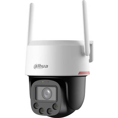 Une caméra de sécurité blanche et noire avec deux antennes, portant le logo Dahua. La caméra est conçue pour la surveillance extérieure.
