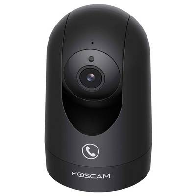 Une caméra de sécurité Foscam noire au design élégant et arrondi. L'objectif de la caméra est placé au centre au-dessus d'une icône de téléphone gravée.
