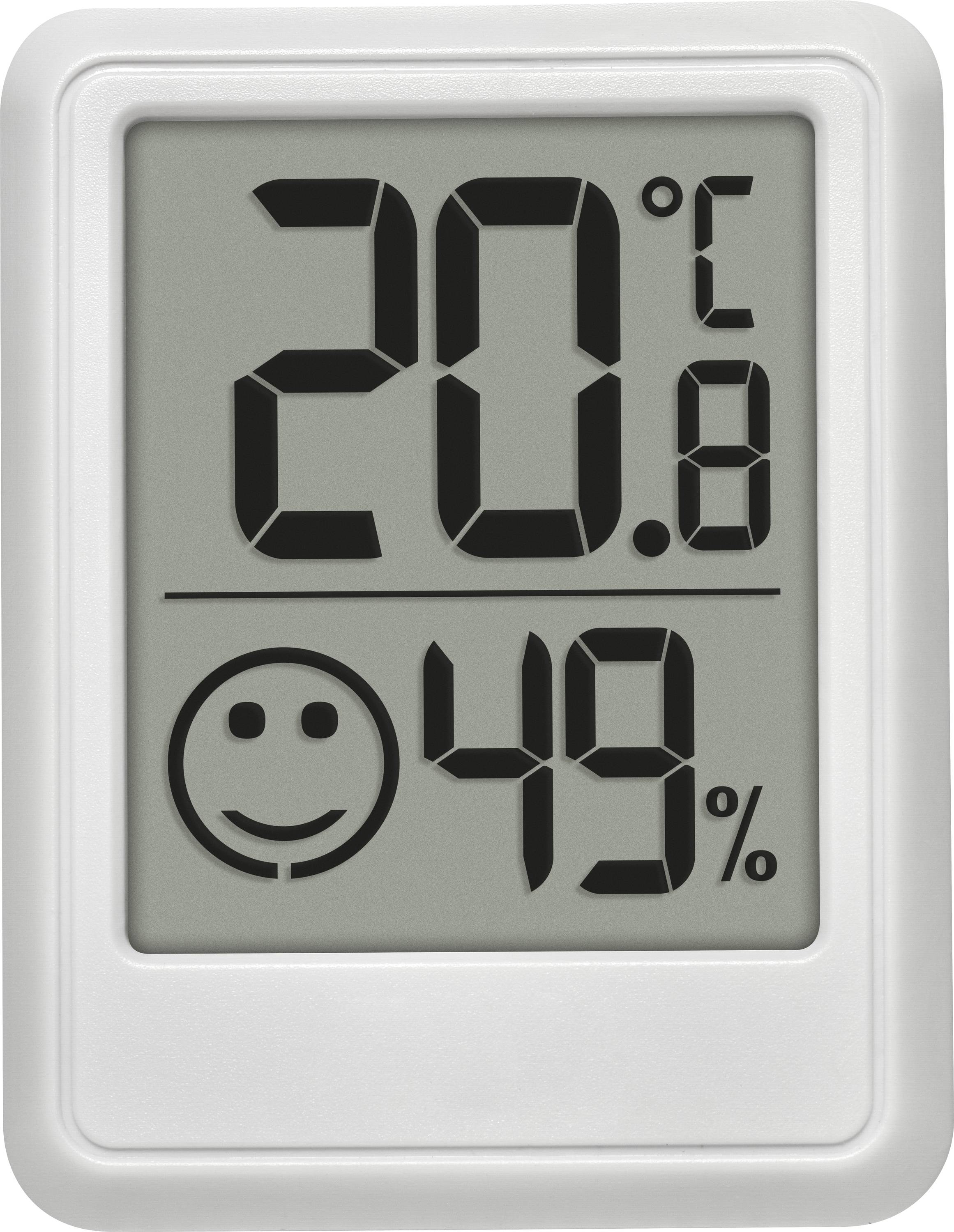 Thermomètre numérique affichant '20,8 °C' et l'humidité '49 %' avec une icône de visage souriant, indiquant des conditions confortables.