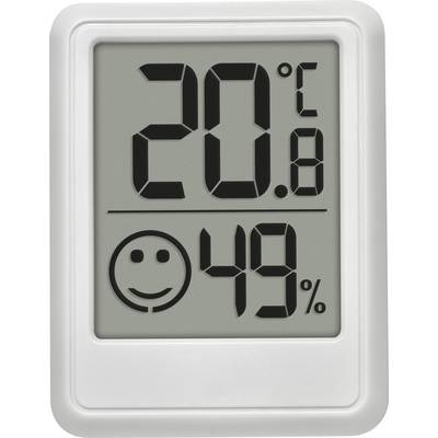 Thermomètre numérique affichant '20,8 °C' et l'humidité '49 %' avec une icône de visage souriant, indiquant des conditions confortables.
