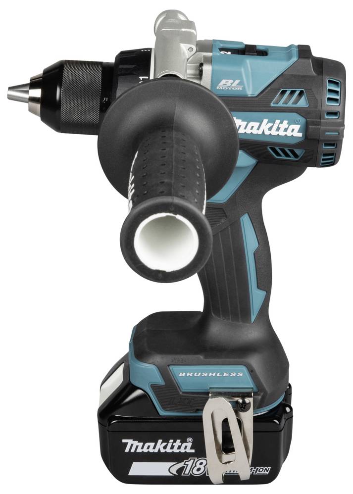 Une perceuse-visseuse sans fil avec poignée latérale, présentant la marque « Makita », vue de face.