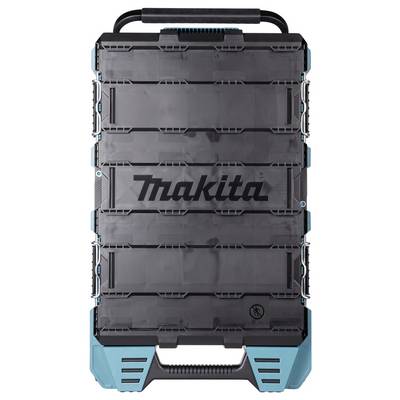 Une mallette d'outils Makita noire et bleu-vert avec poignée, design robuste et logo de marque visible, indiquant la portabilité et la durabilité pour les outils.