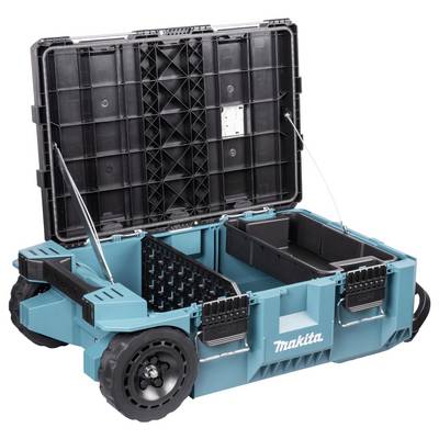 Une boîte à outils bleue et noire avec le couvercle ouvert, montrant deux grands compartiments à l'intérieur. La boîte est équipée de roues et d'une poignée pour la portabilité.