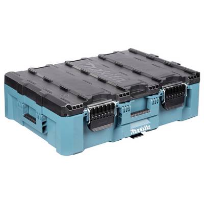Un coffret à outils Makita turquoise et noir avec des loquets sécurisés, des poignées et le logo Makita sur le devant.