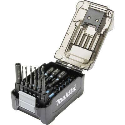 Un ensemble de forets Makita de différentes tailles organisés dans un boîtier noir avec un couvercle transparent.
