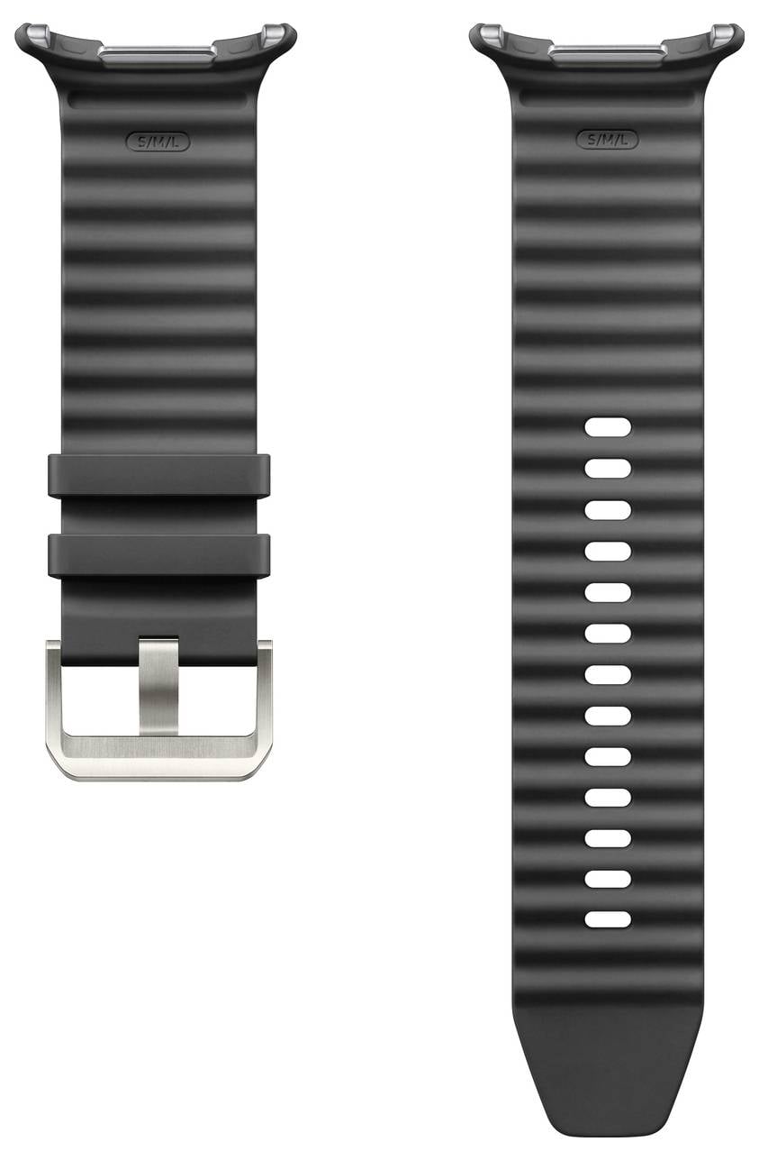 Bracelet de montre à nervures noires avec boucle en acier inoxydable, présenté sous différents angles.