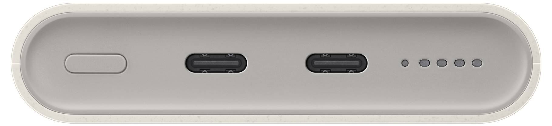 Gros plan de la section des ports d'un appareil montrant un bouton, deux ports USB-C et cinq indicateurs LED, suggérant l'état de la connectivité et de la charge.