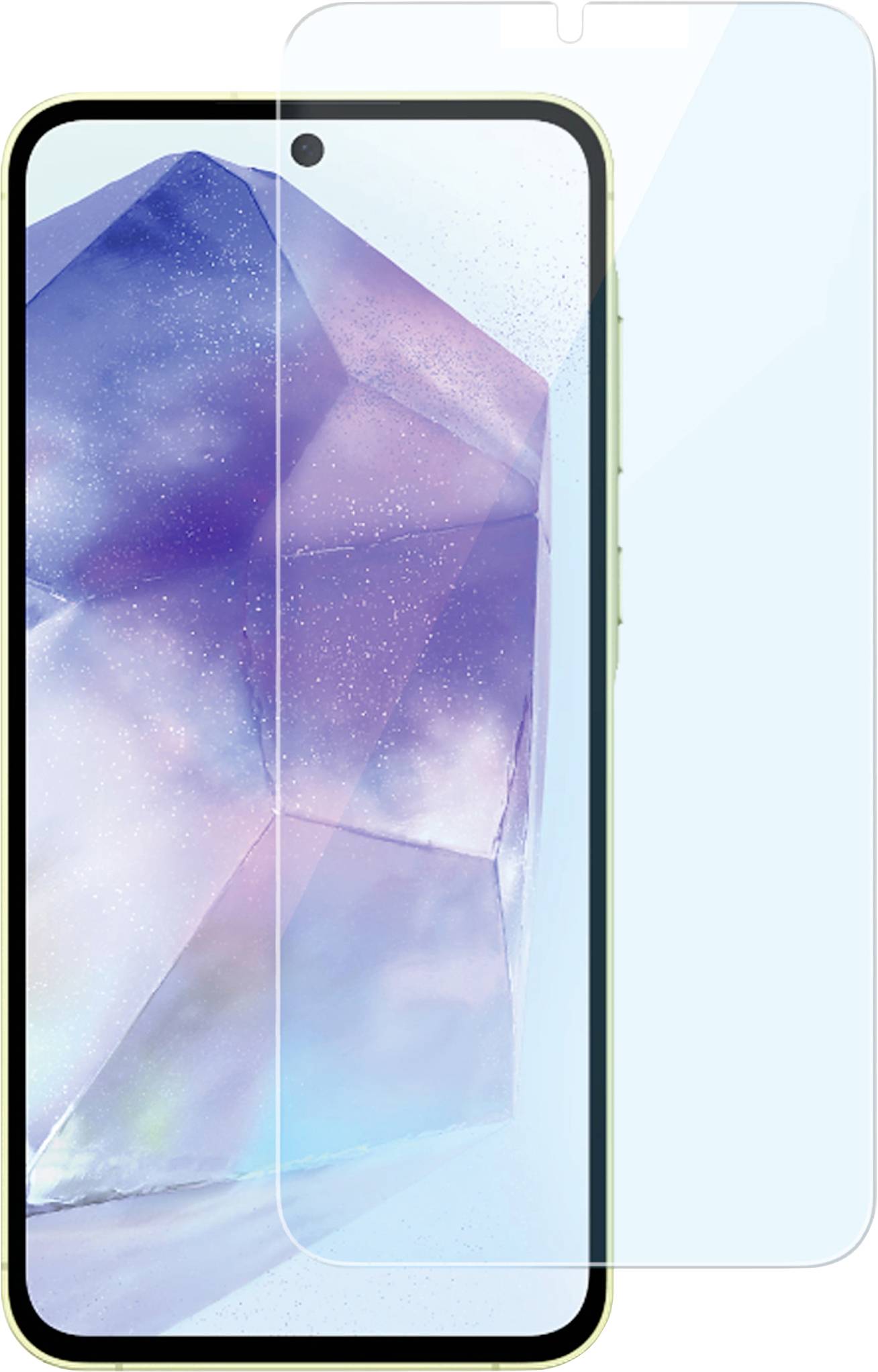 Un smartphone doté d'un grand écran affiche un design géométrique abstrait et coloré. Un protecteur d'écran transparent est posé à côté du téléphone.