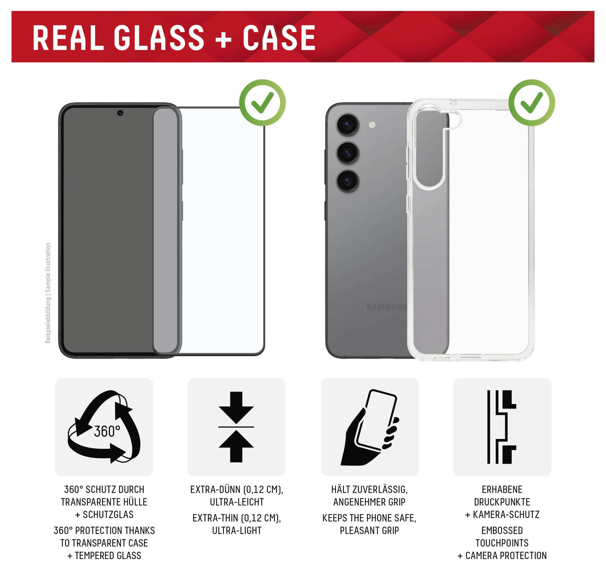 Image « Verre Véritable + Étui » : Présente une protection d'écran en verre transparent pour l'avant et un étui ultra-fin et élégant pour l'arrière.