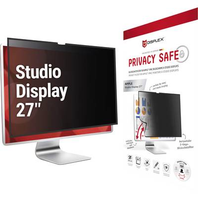 « Studio Display 27" » sur un écran d'ordinateur, à côté d'un emballage étiqueté « Privacy Safe » pour un protecteur d'écran pour Apple Studio Display 27".