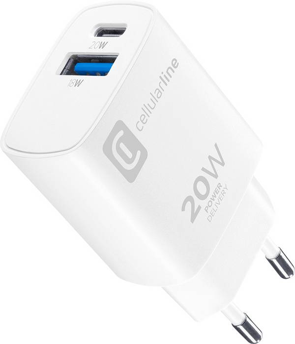 Cellularline  Chargeur USB 20 W USB-A, USB-C® Power Delivery blanc pour prise murale chargeur rapide, USB Power Delivery (USB-PD)
