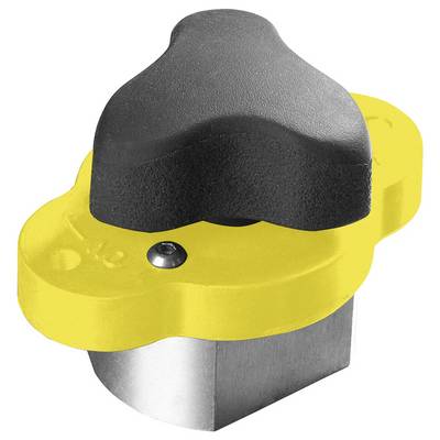 Un outil de serrage à tête de clé anglaise jaune et noire avec une base métallique, conçu pour serrer ou desserrer des boulons, isolé sur un fond blanc.